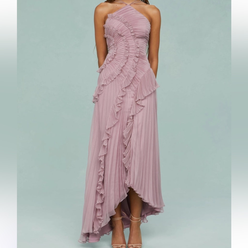 Venisse Boutique Pleated Frill Halter Neck Maxi Dress